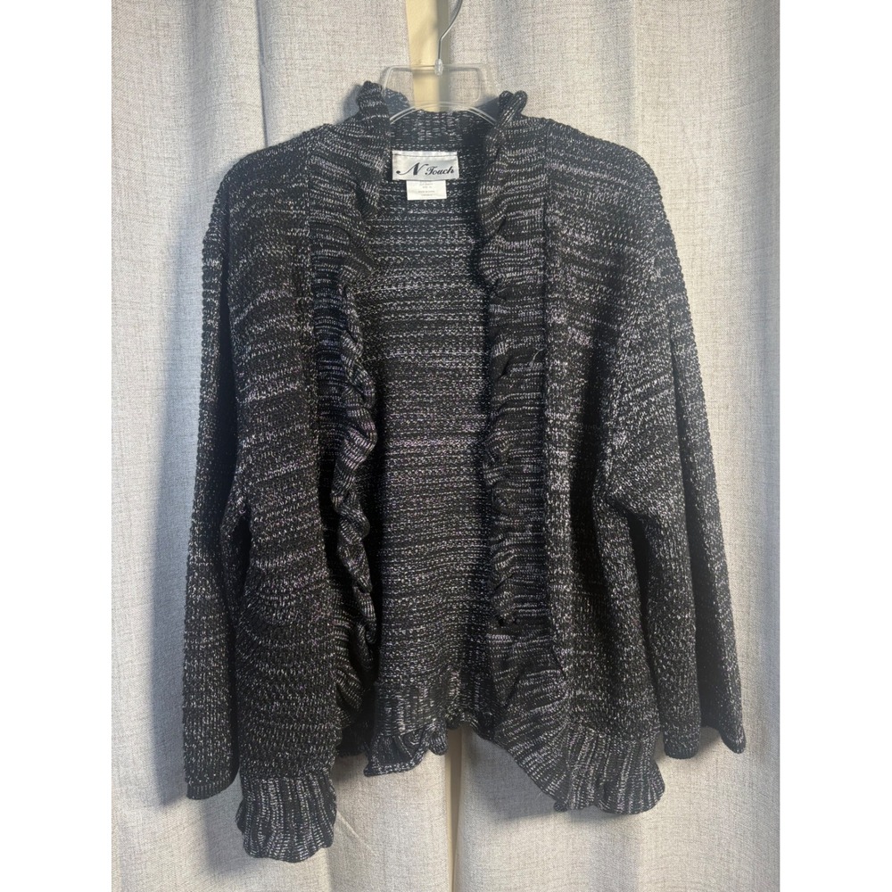 N Touch Black Silver Metallic Ruffle Open Front Cardigan Sweater XL 112T